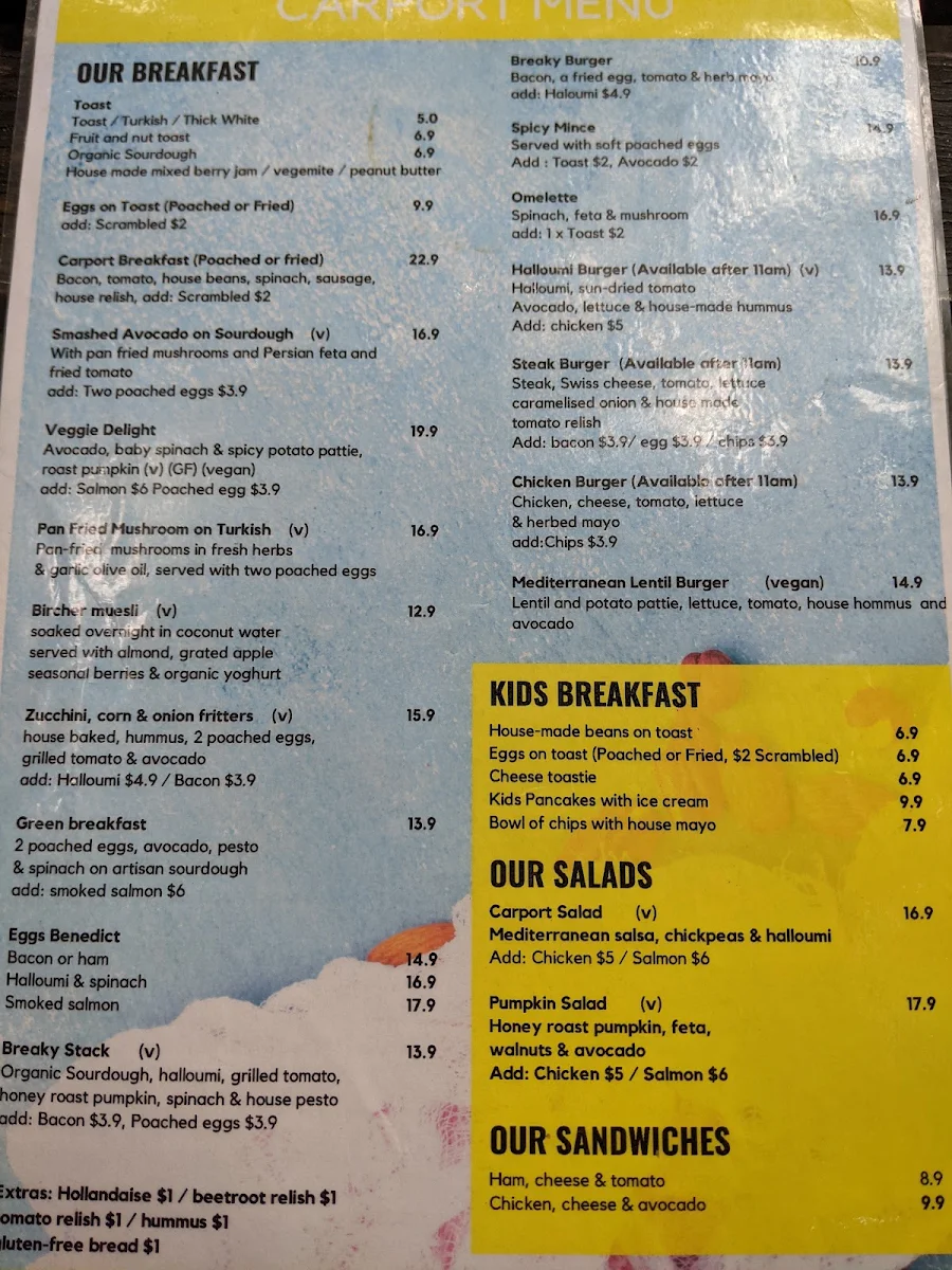 Menu, Carport Cafe