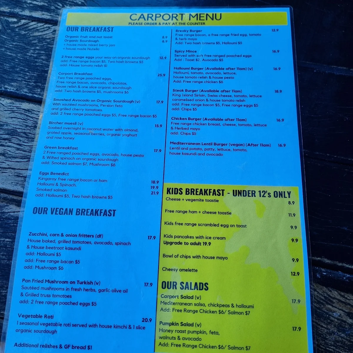 Menu, Carport Cafe