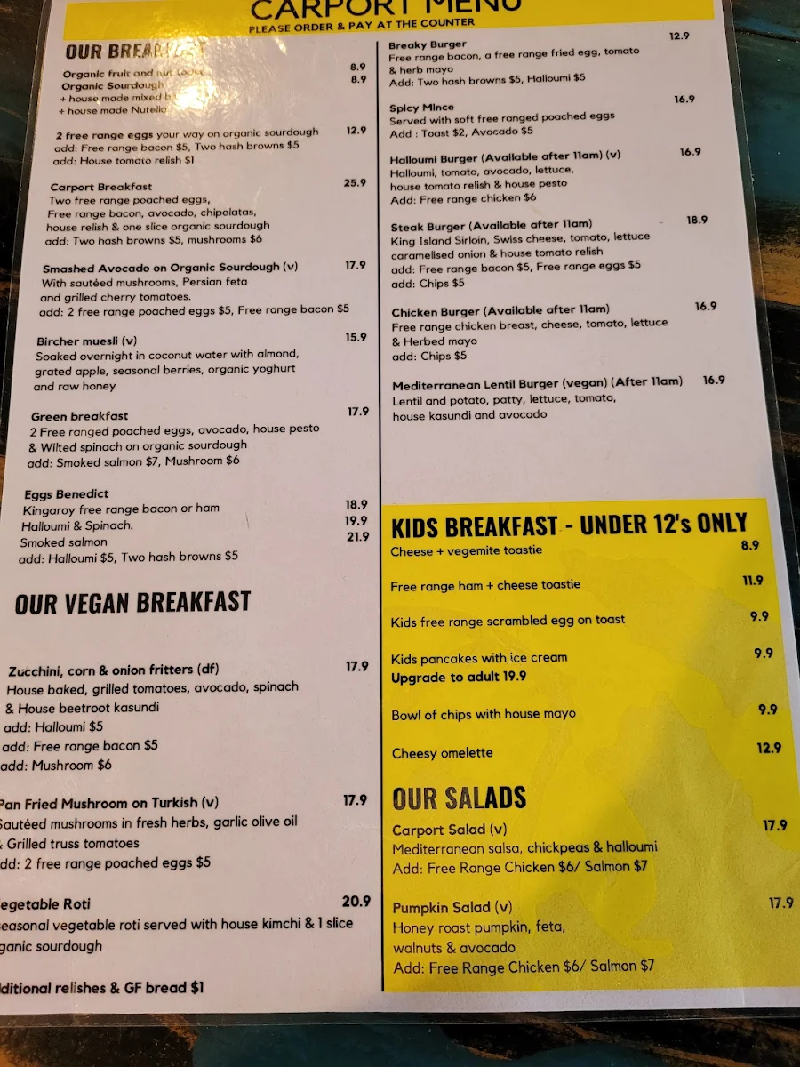 Menu, Carport Cafe