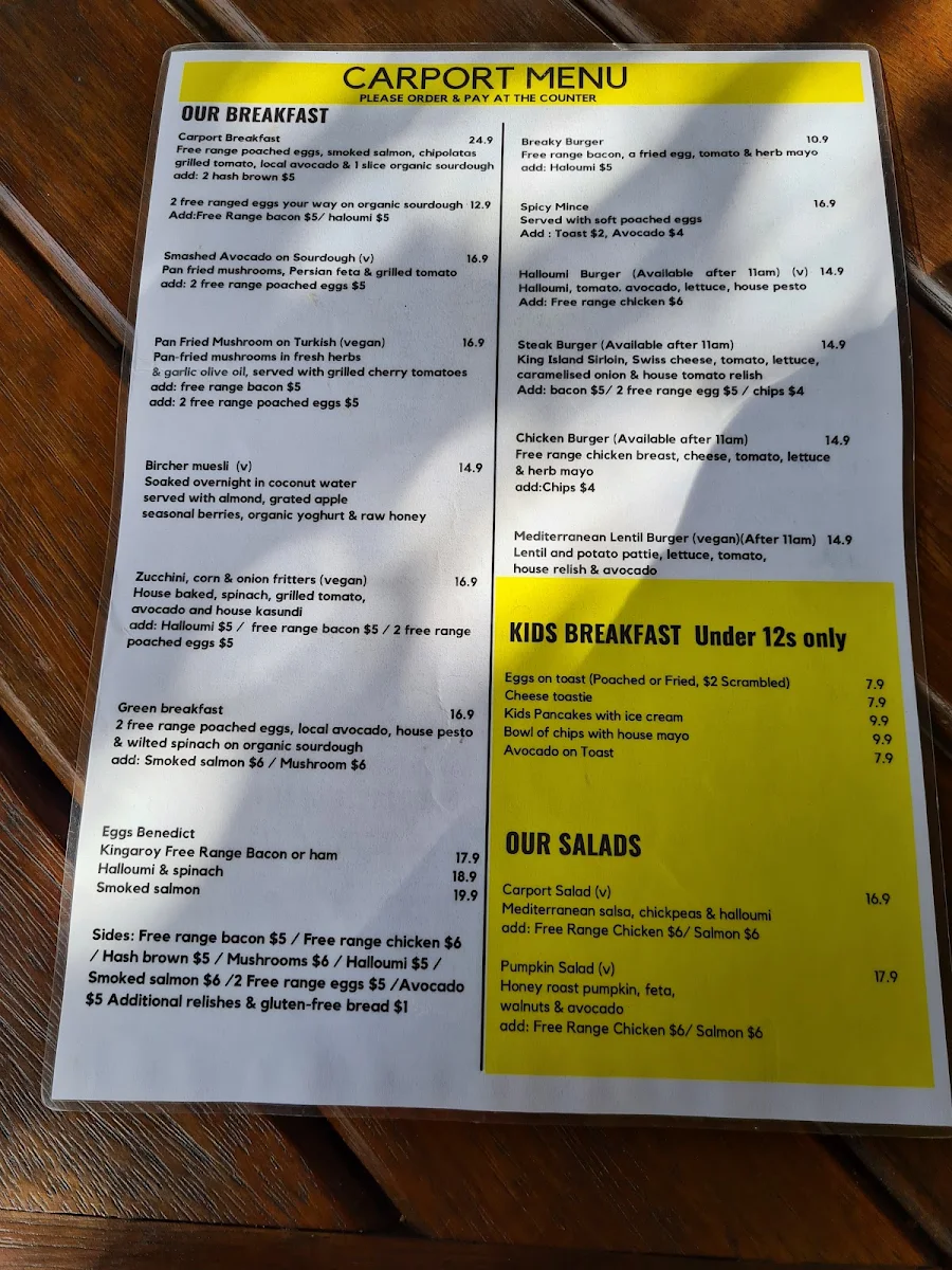 Menu, Carport Cafe