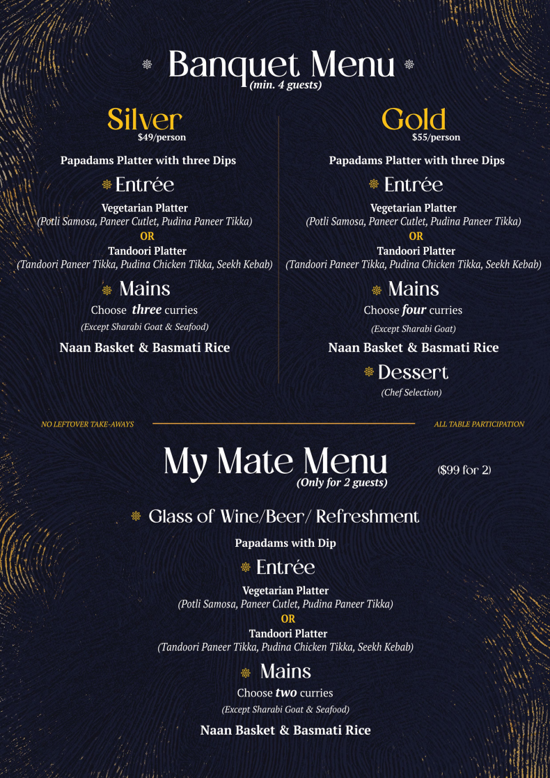 Menu, Indian Dining Club