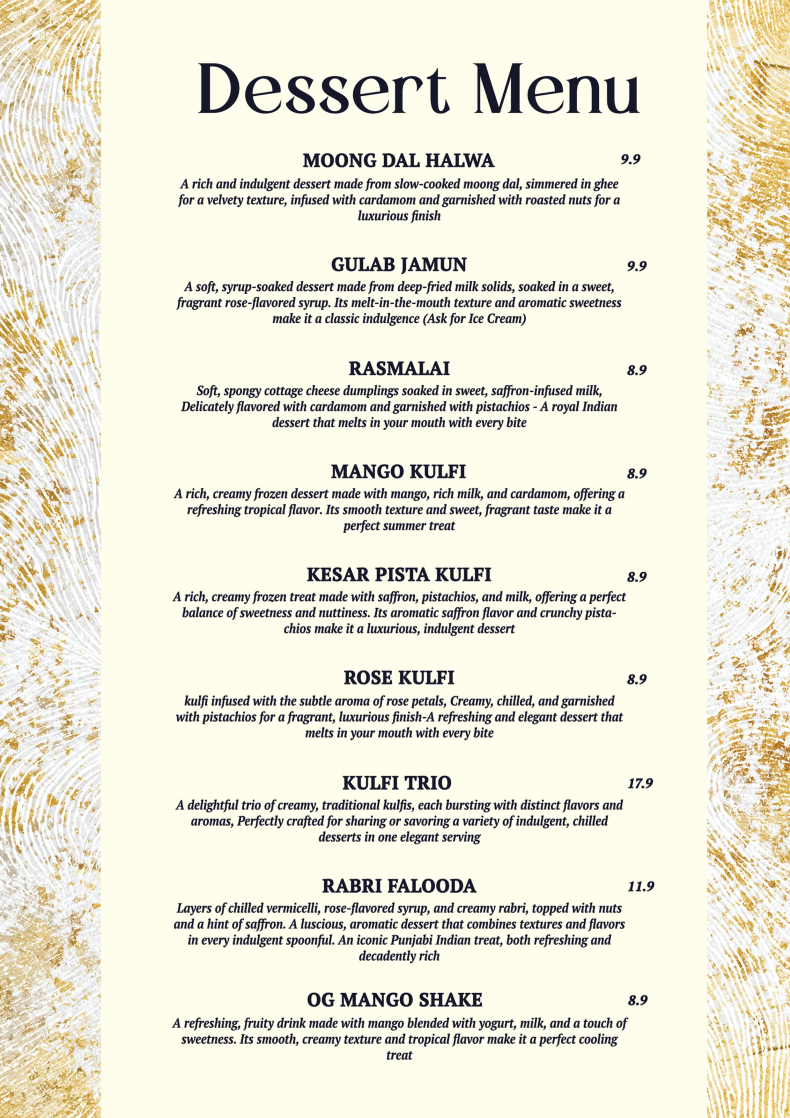 Menu, Indian Dining Club