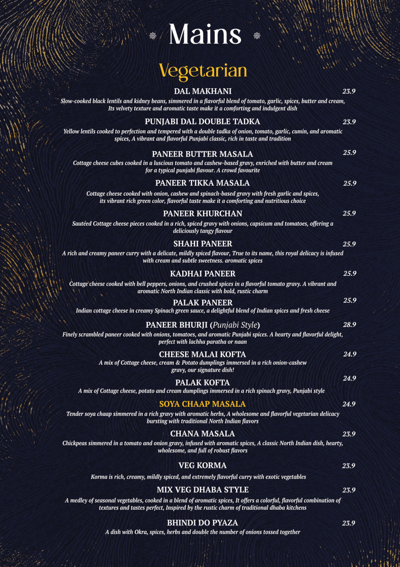 Menu, Indian Dining Club