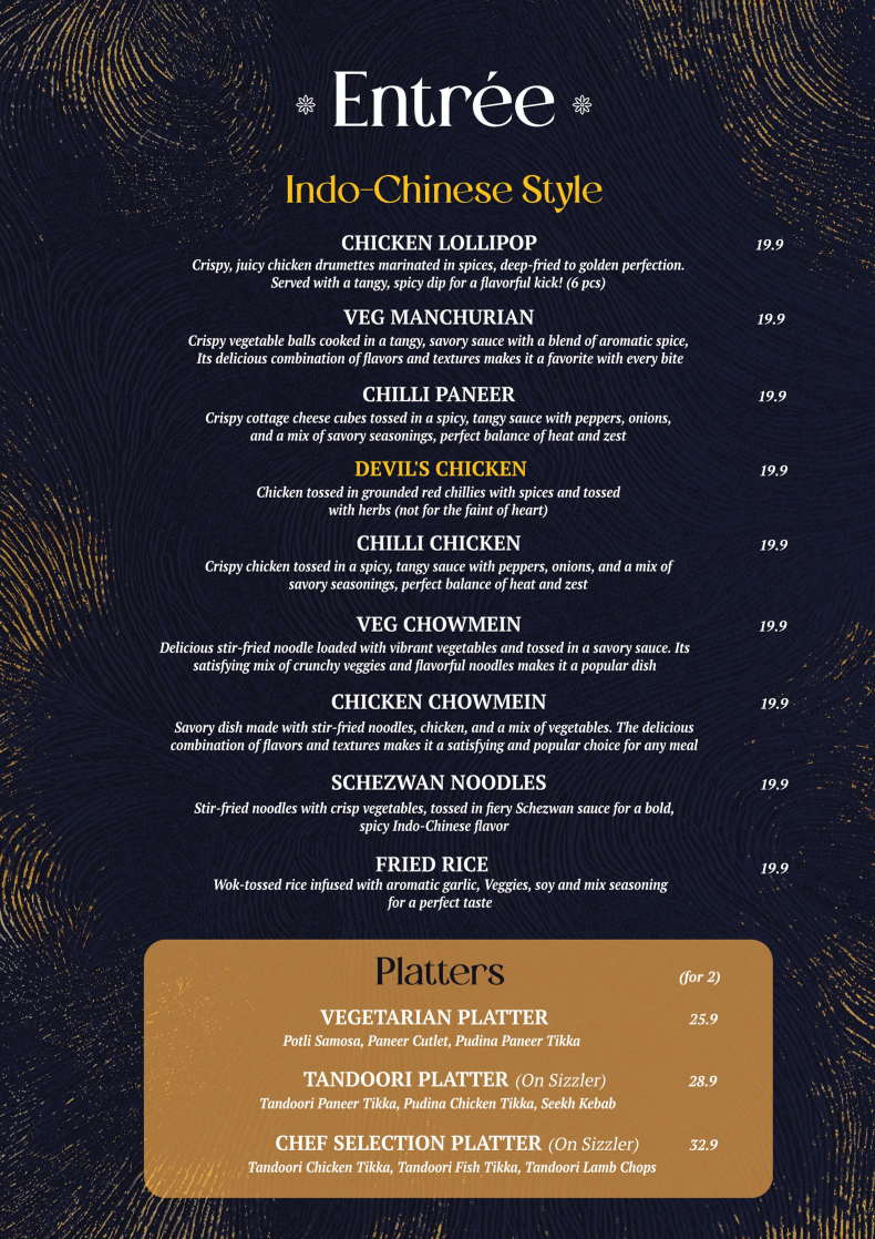 Menu, Indian Dining Club