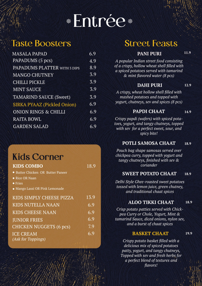 Menu, Indian Dining Club