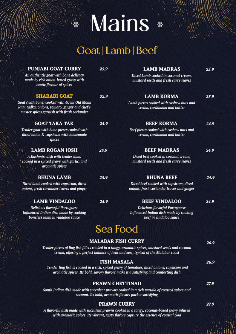 Menu, Indian Dining Club