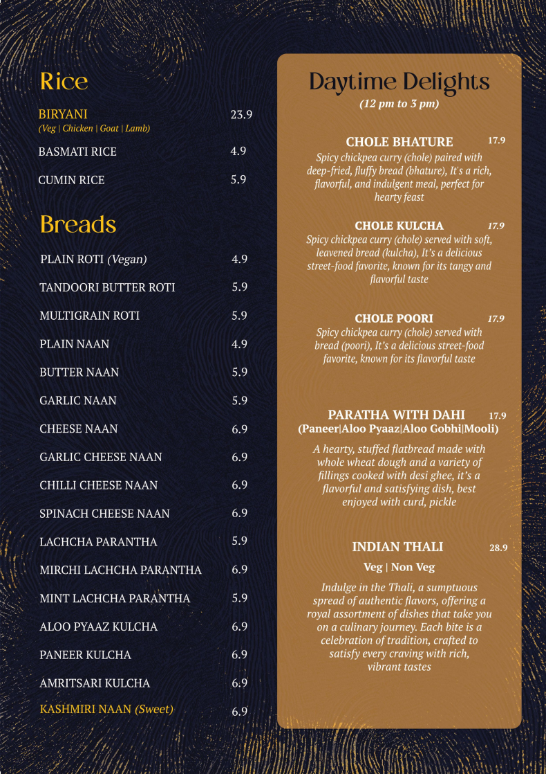 Menu, Indian Dining Club