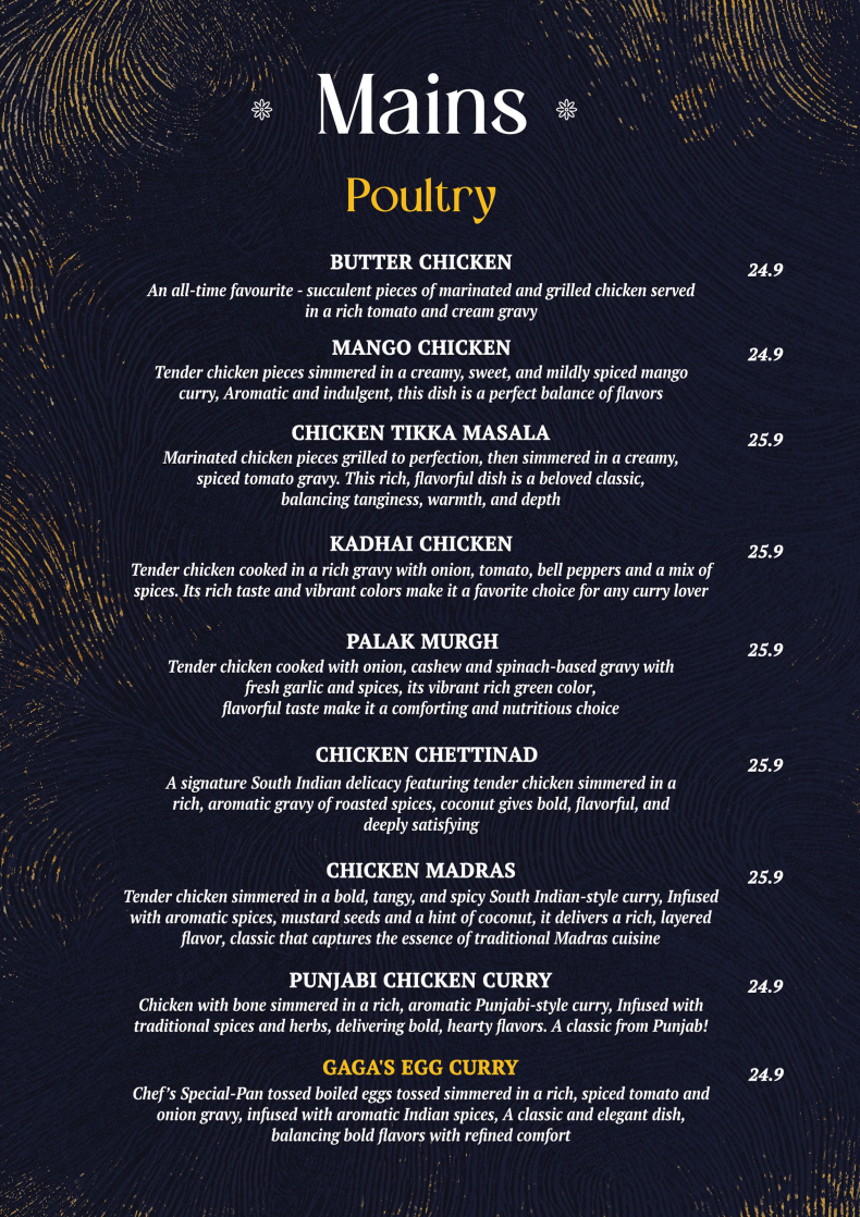 Menu, Indian Dining Club