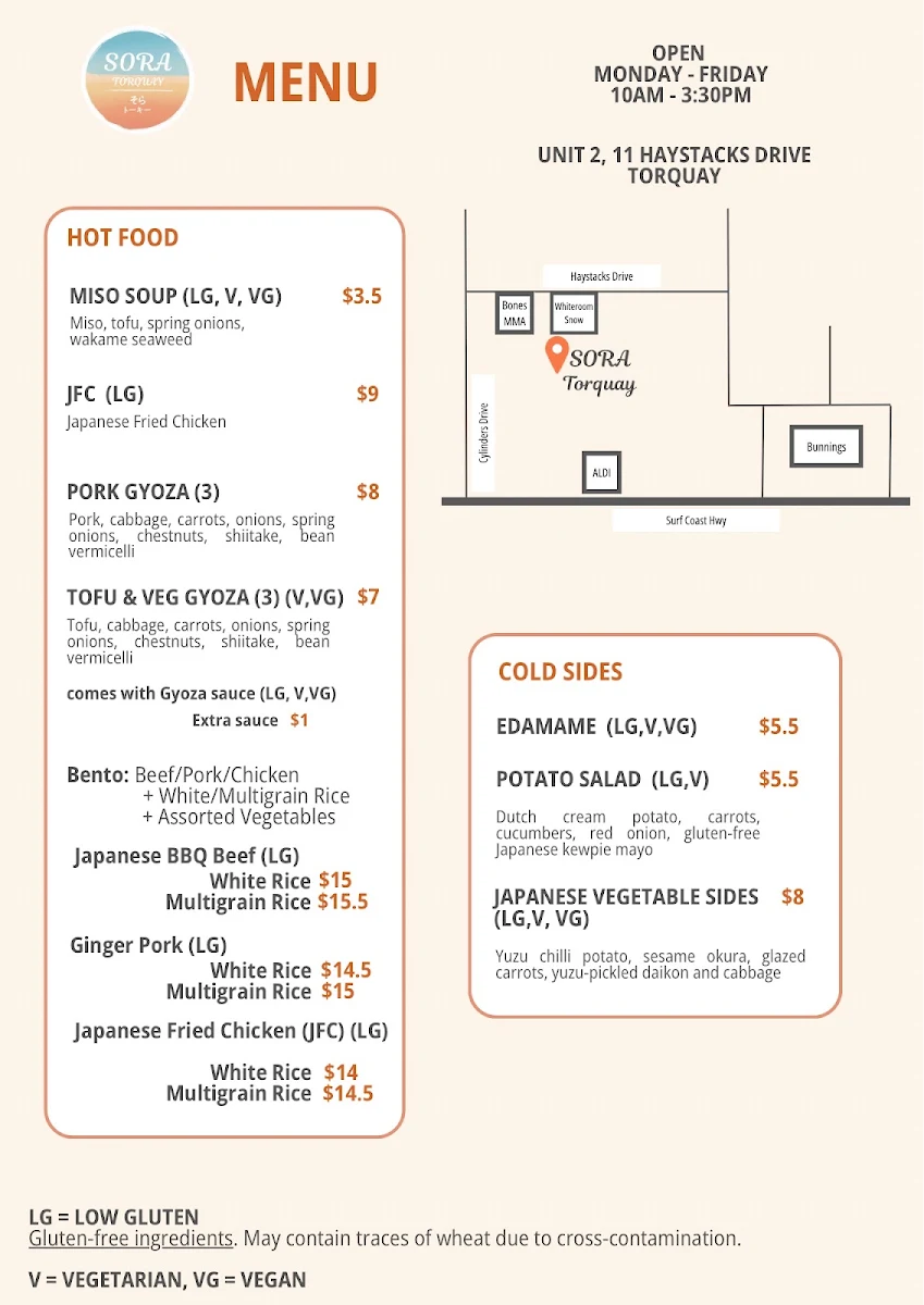 Menu, SORA TORQUAY