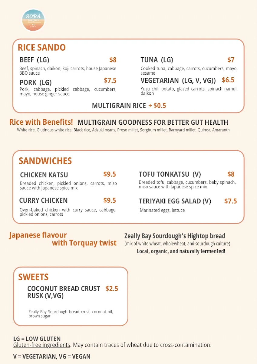 Menu, SORA TORQUAY