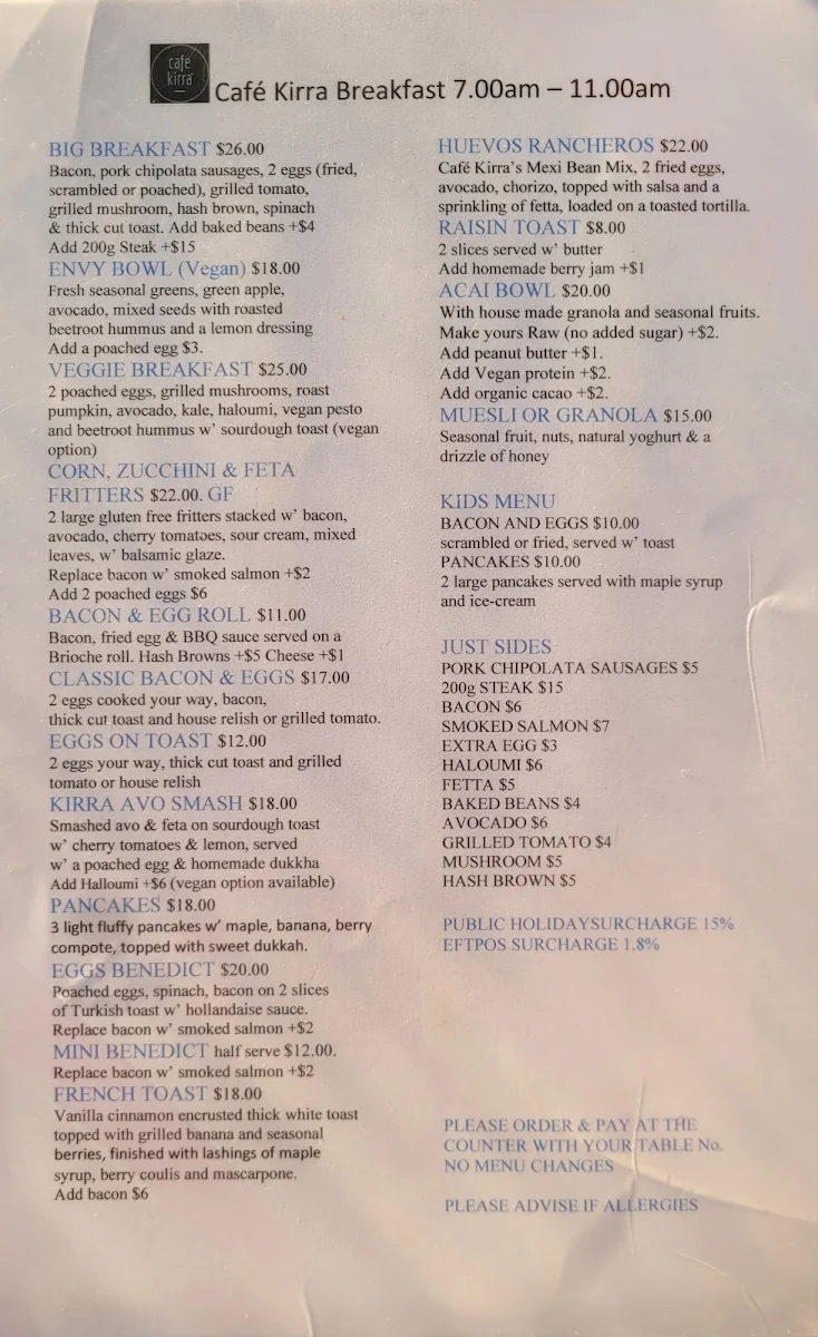 Menu, Cafe Kirra