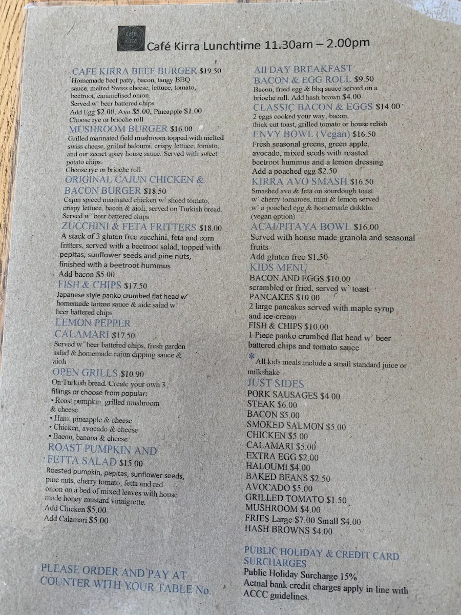 Menu, Cafe Kirra