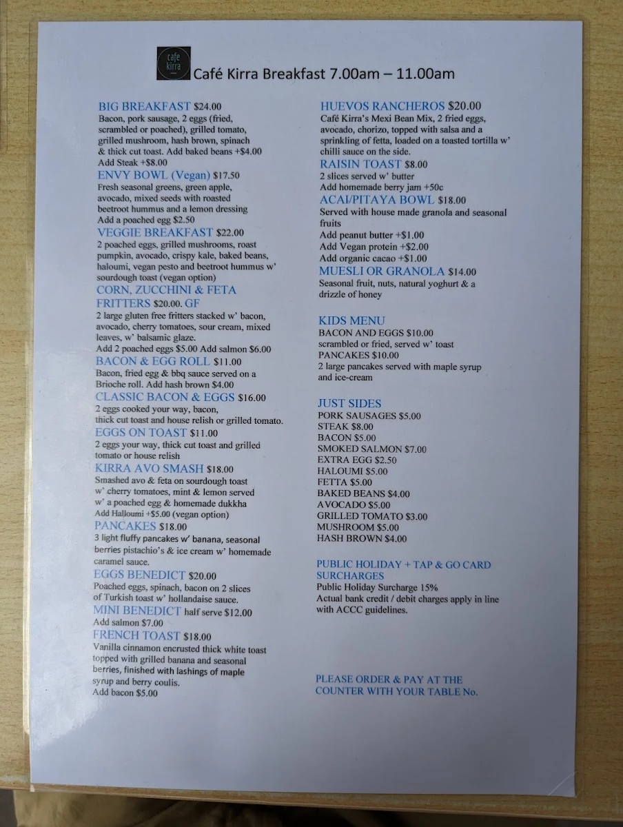 Menu, Cafe Kirra