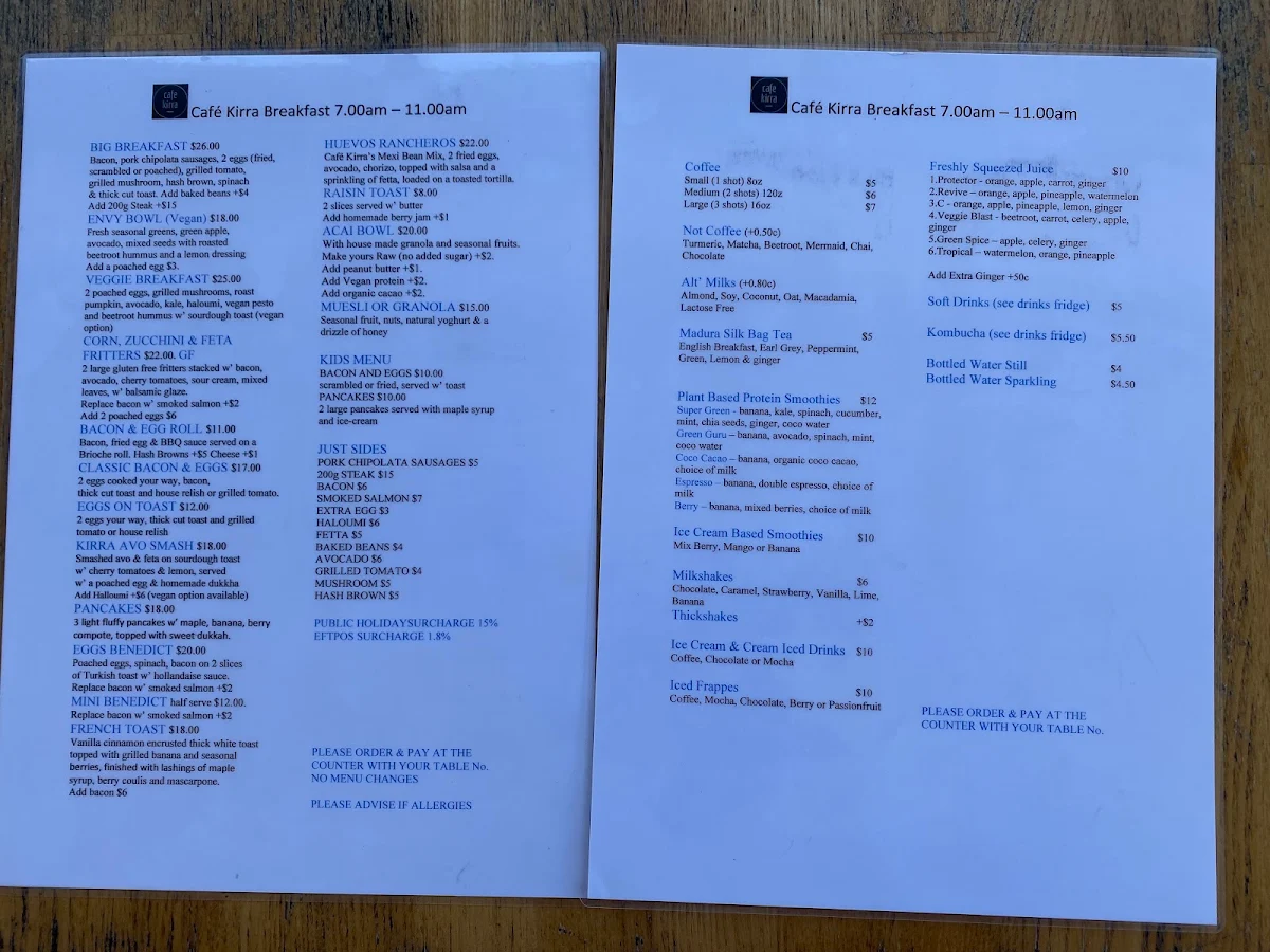 Menu, Cafe Kirra