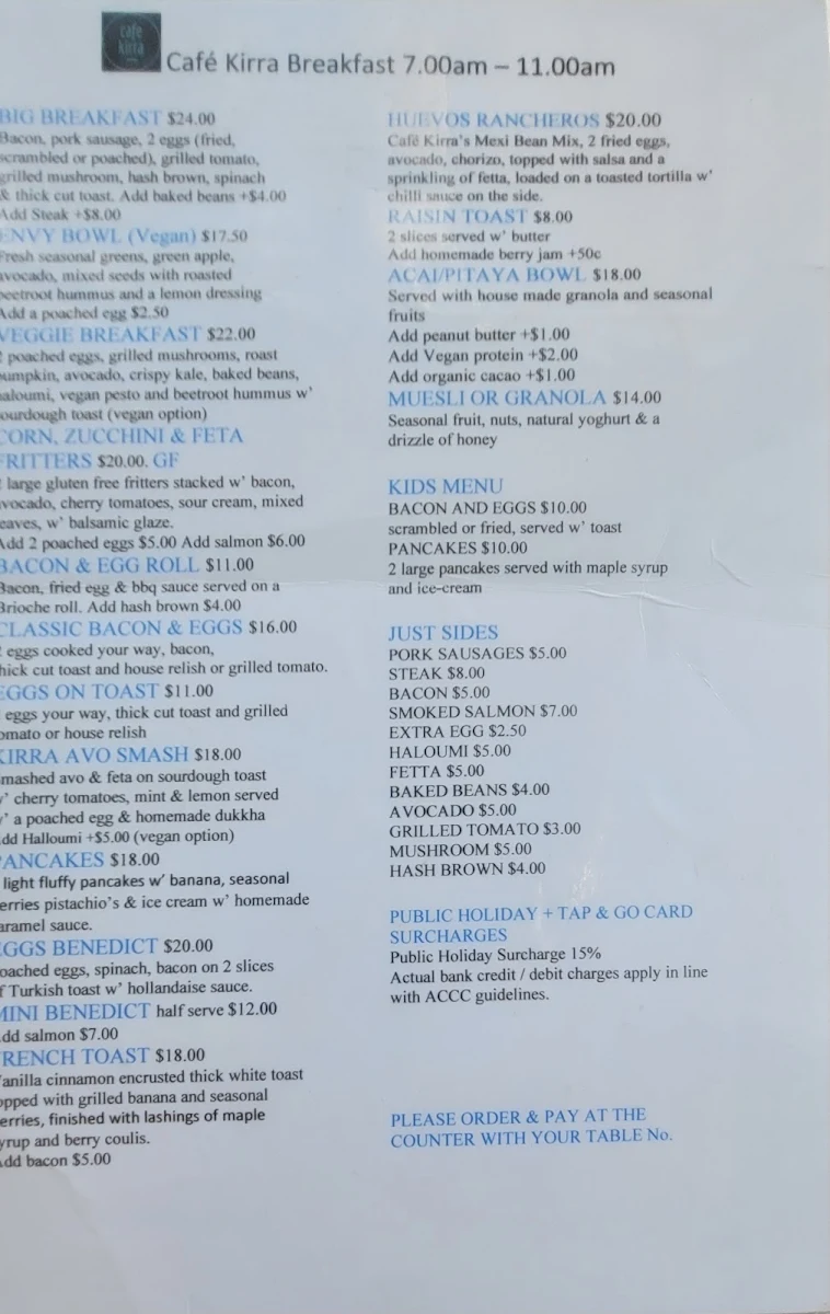 Menu, Cafe Kirra
