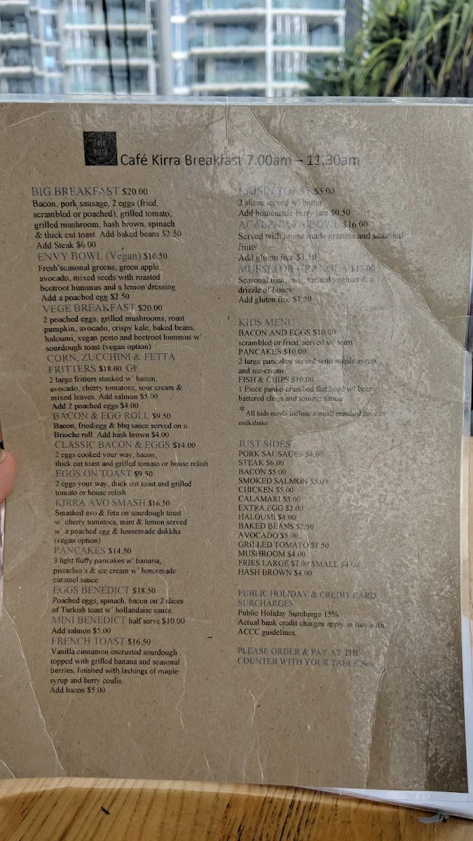 Menu, Cafe Kirra