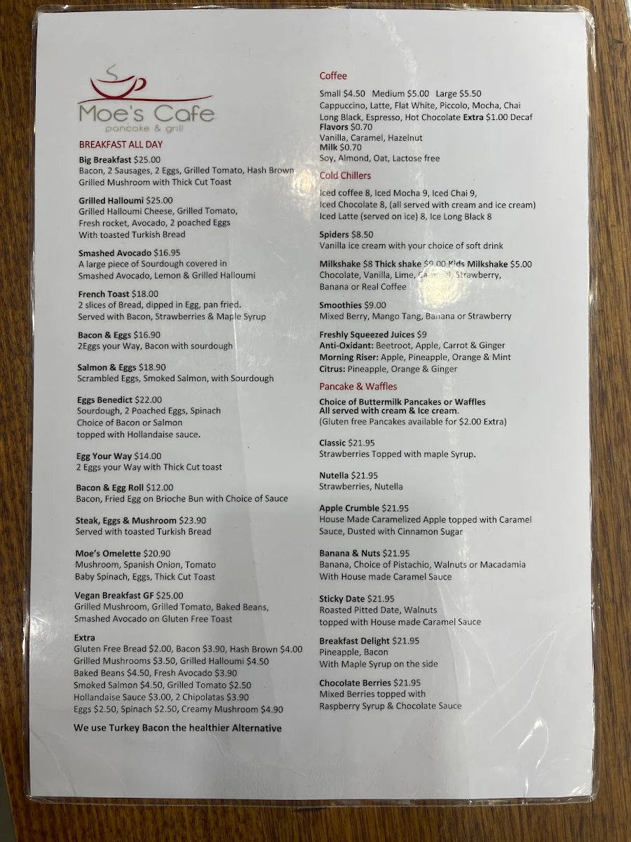 Menu, Moe's Cafe Pancake & Grill Glendale
