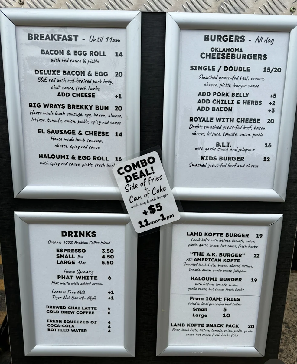 Menu, Elwrays Coffee & Burger Stop
