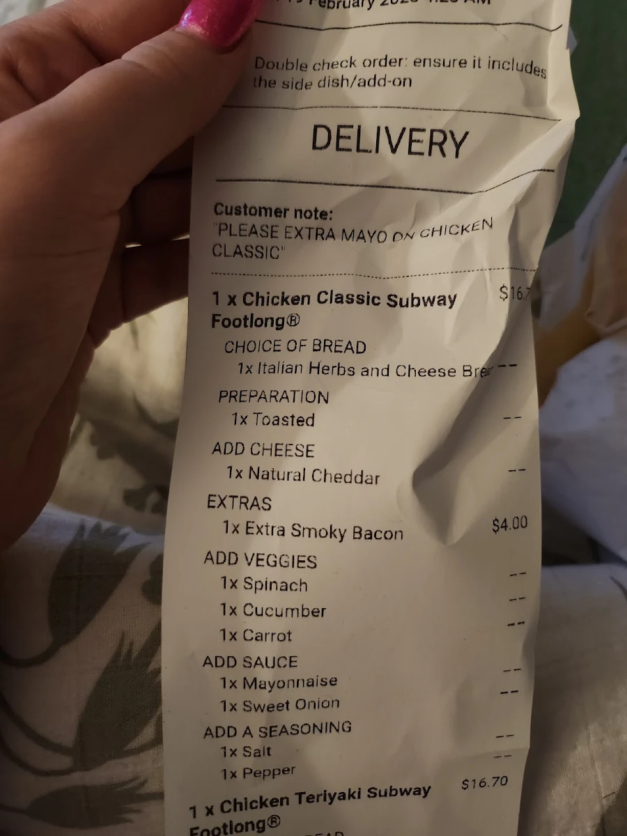 Menu, Subway