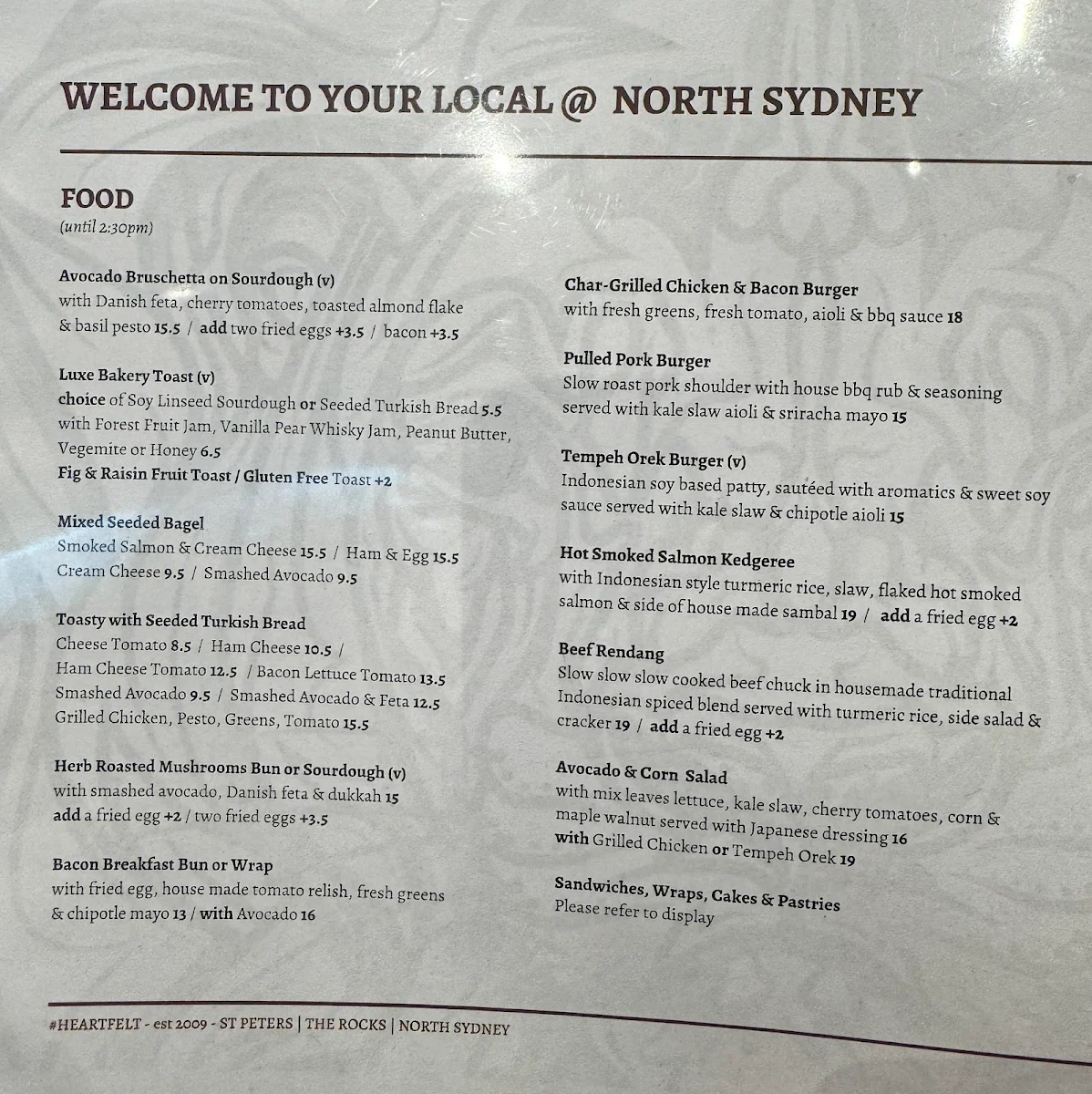 Menu, ASLAN Coffee North Sydney