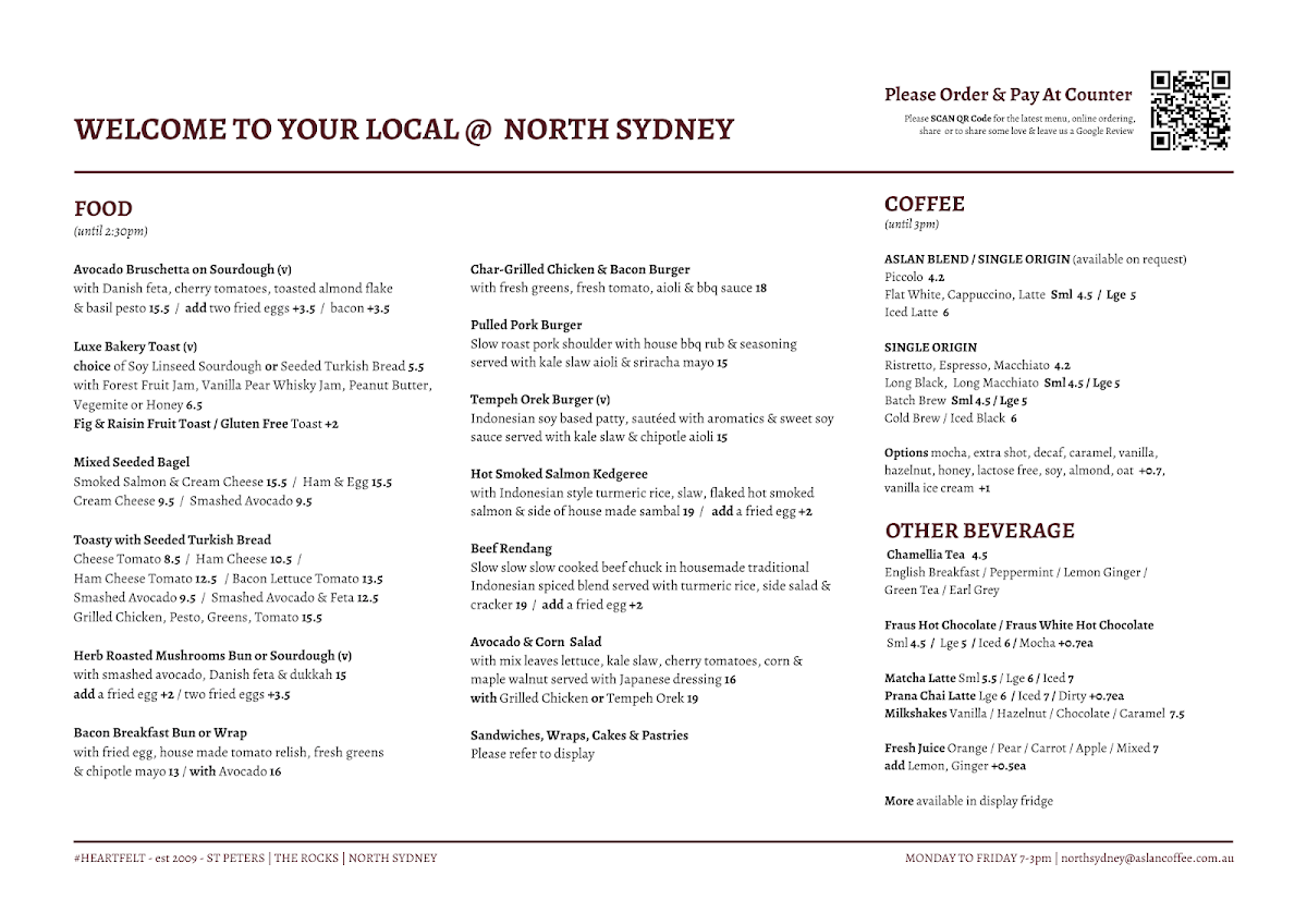 Menu, ASLAN Coffee North Sydney