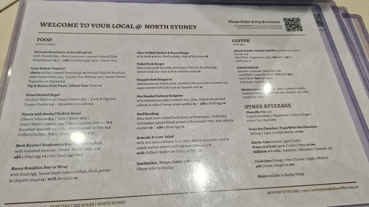 Menu, ASLAN Coffee North Sydney