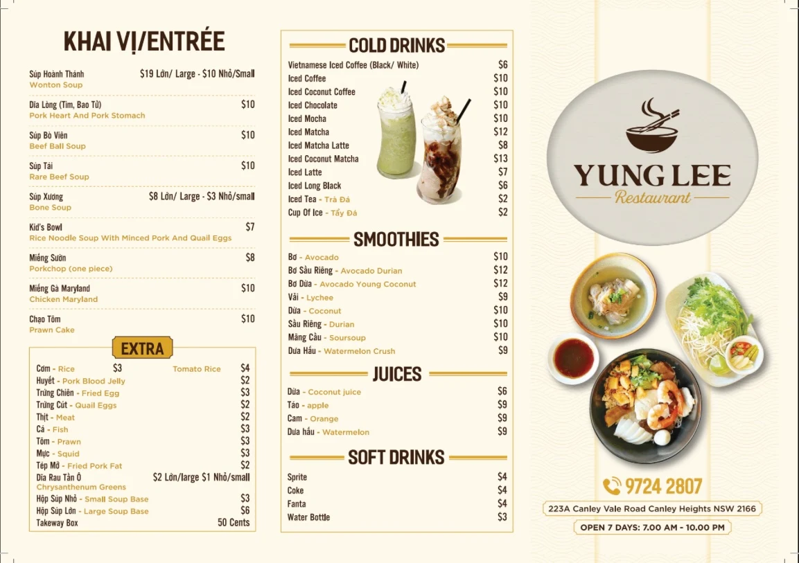 Menu, Yung Lee Cafe & Restaurant