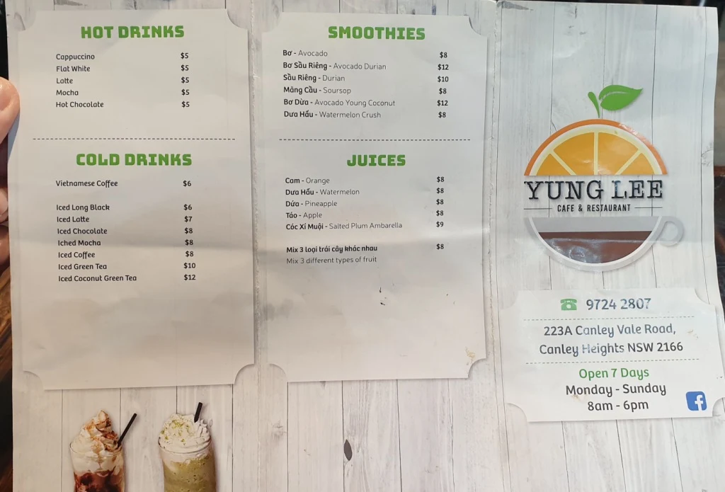 Menu, Yung Lee Cafe & Restaurant