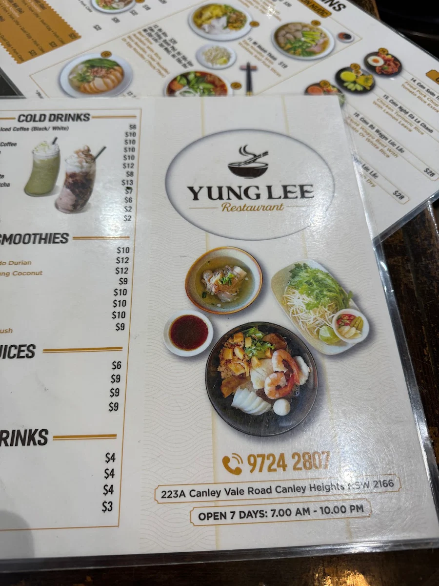 Menu, Yung Lee Cafe & Restaurant