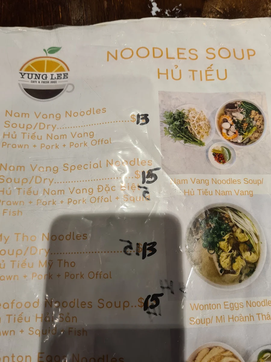 Menu, Yung Lee Cafe & Restaurant