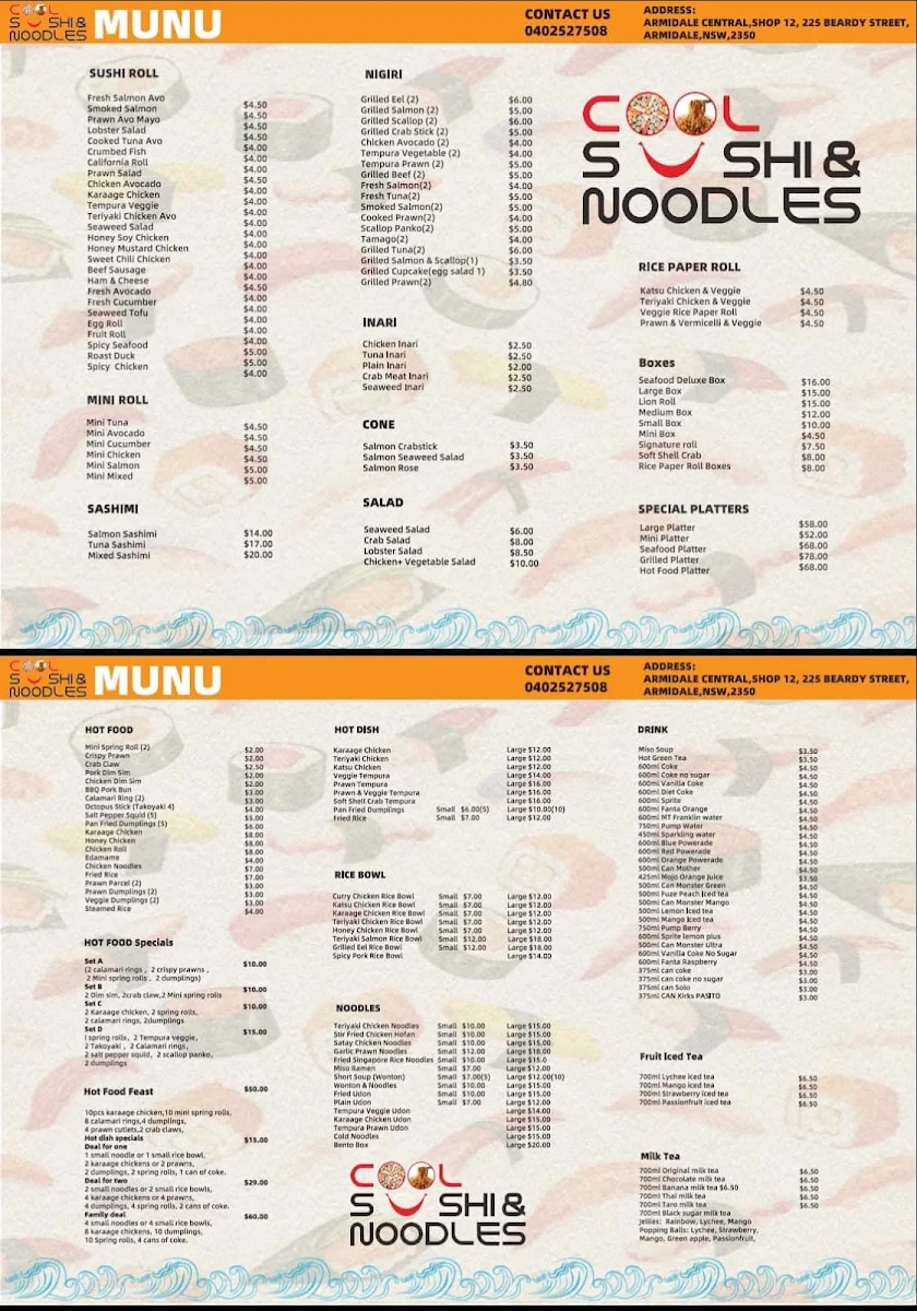 Menu, Cool Sushi & Noodles
