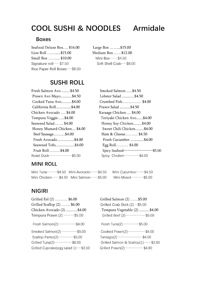 Menu, Cool Sushi & Noodles