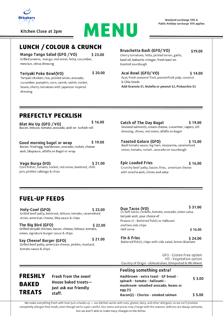 Menu, Breakers Cafe by Killara Hospitality