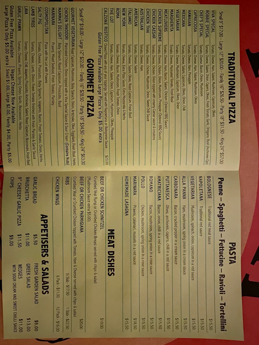 Menu, Viva Pizzeria