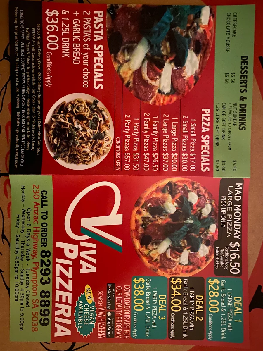 Menu, Viva Pizzeria