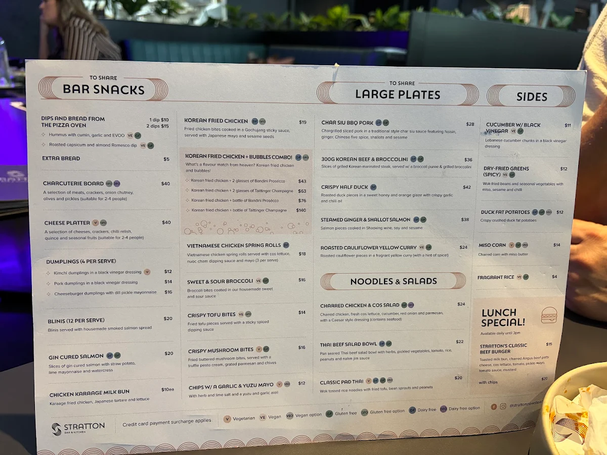 Menu, Stratton Bar and Kitchen