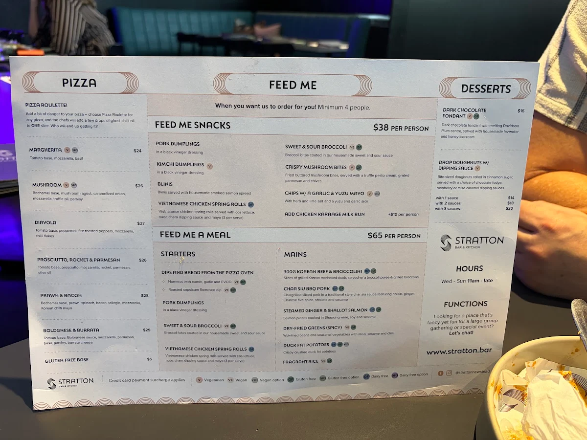 Menu, Stratton Bar and Kitchen