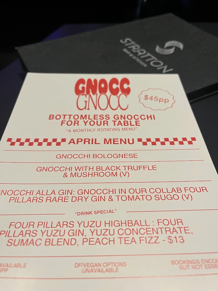 Menu, Stratton Bar and Kitchen
