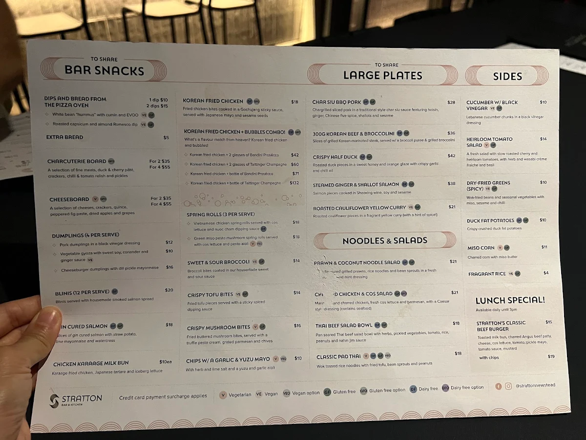 Menu, Stratton Bar and Kitchen