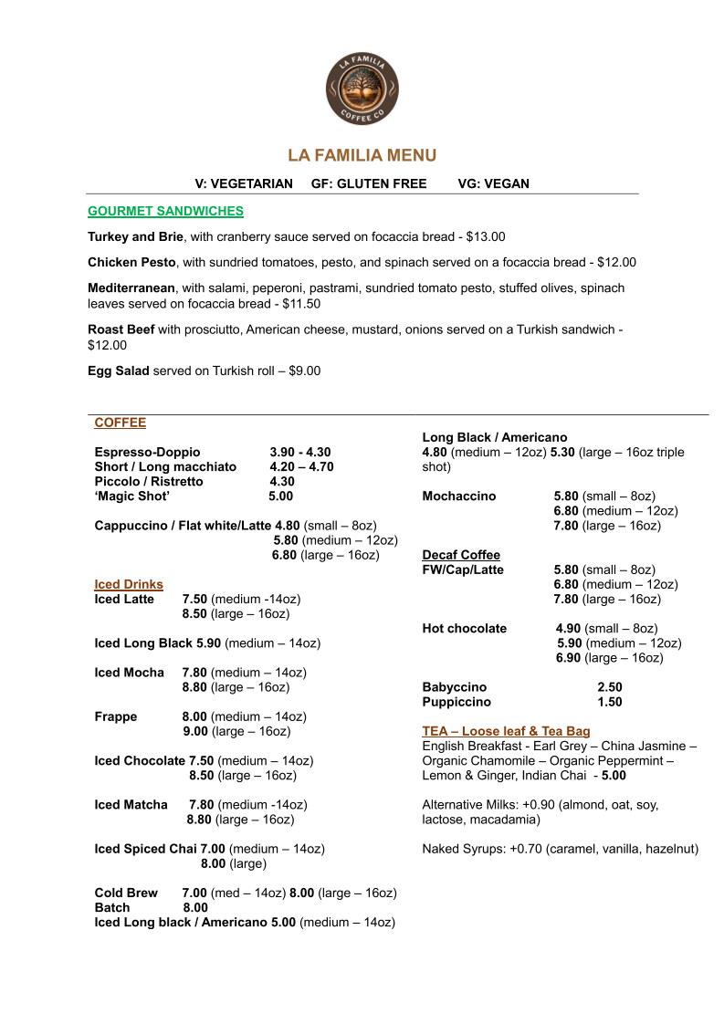 Menu, La Familia Espresso Bar