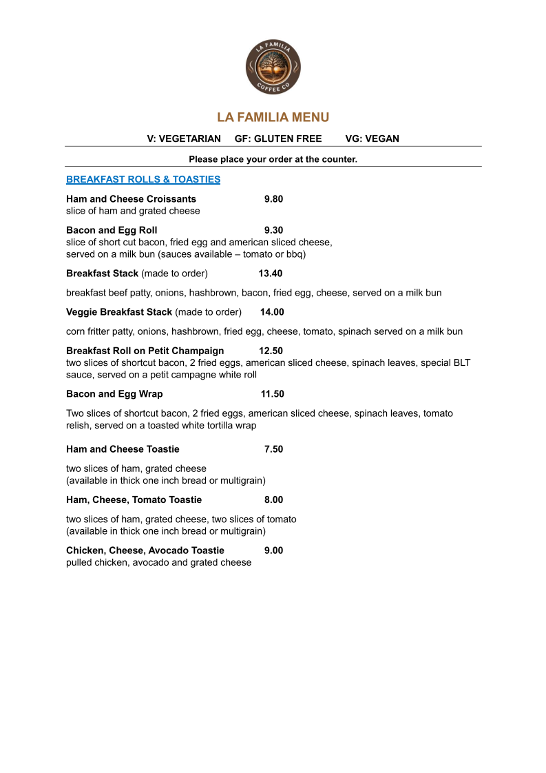 Menu, La Familia Espresso Bar