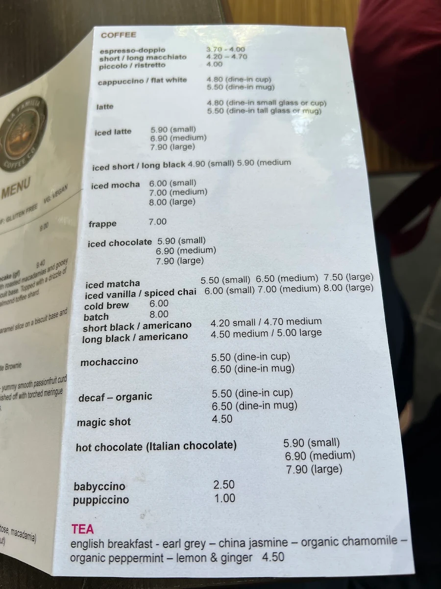 Menu, La Familia Espresso Bar