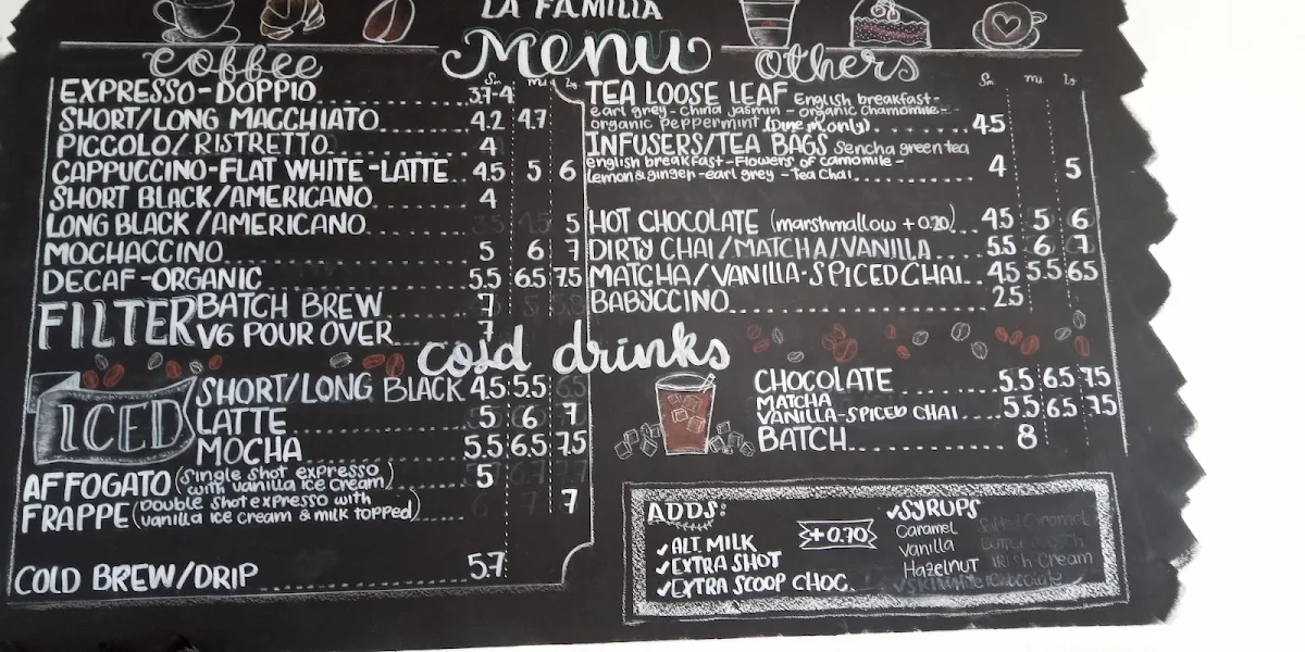Menu, La Familia Espresso Bar