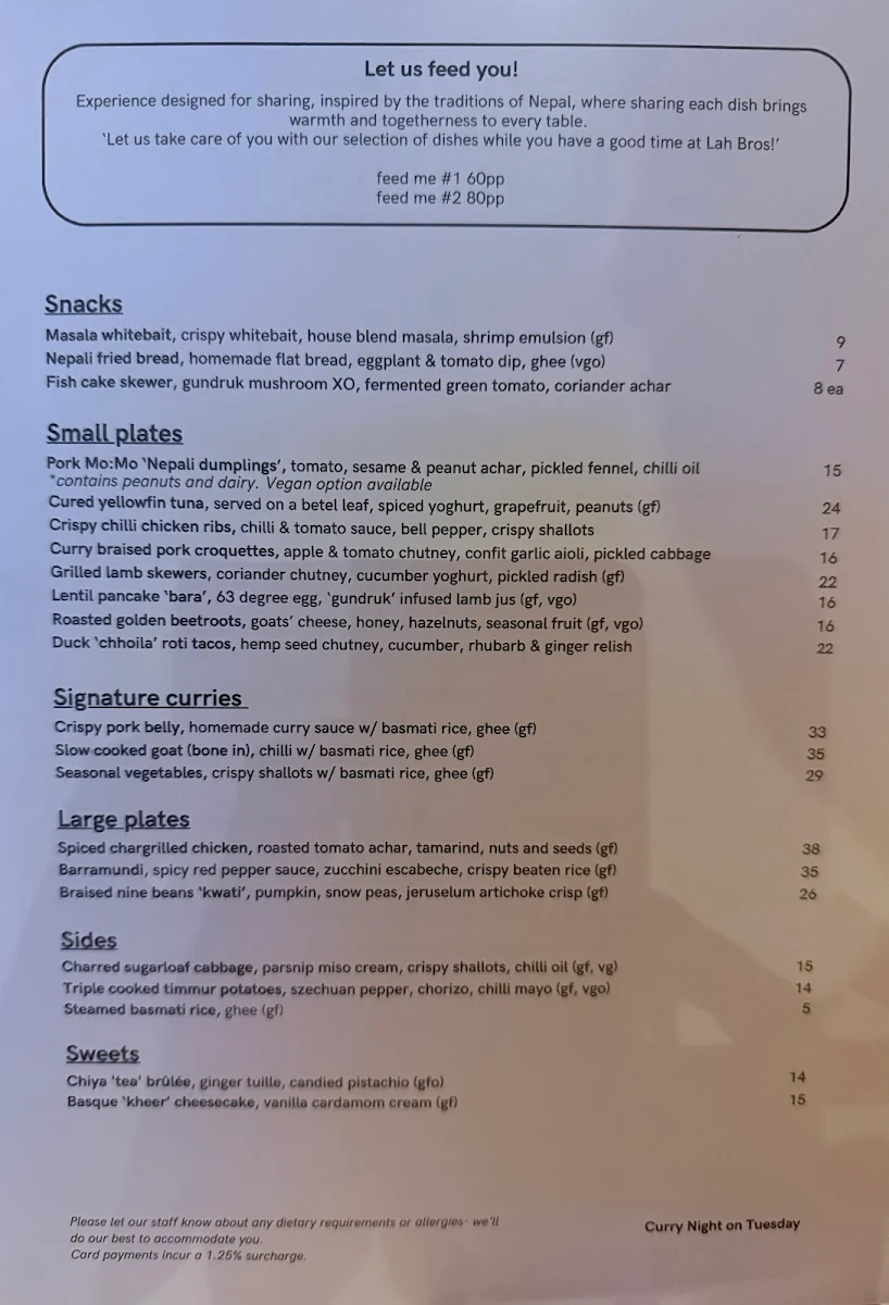 Menu, Lah Bros Windsor | Modern Nepalese Restaurant