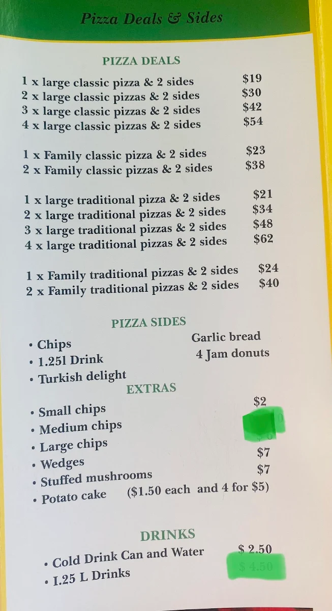 Menu, Mirellas Pizza & Kebabs