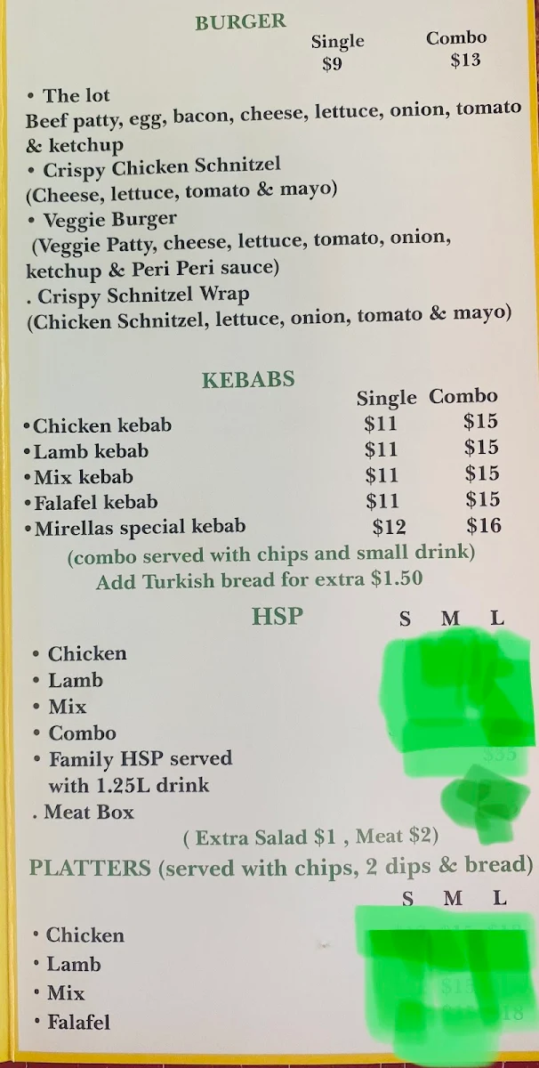 Menu, Mirellas Pizza & Kebabs