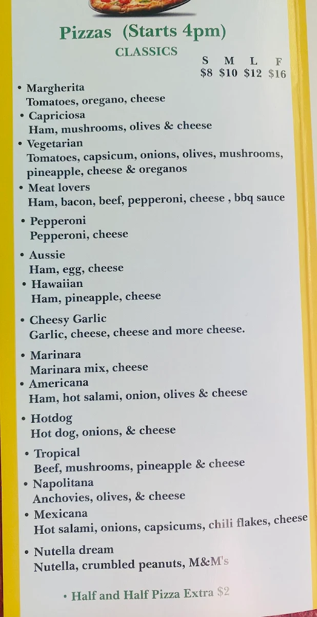 Menu, Mirellas Pizza & Kebabs