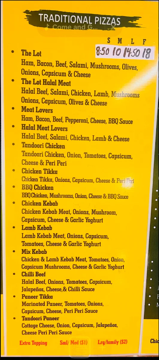 Menu, Mirellas Pizza & Kebabs