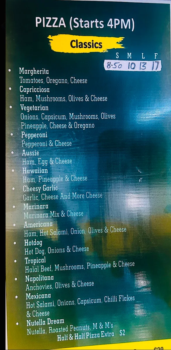 Menu, Mirellas Pizza & Kebabs