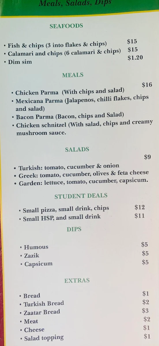 Menu, Mirellas Pizza & Kebabs
